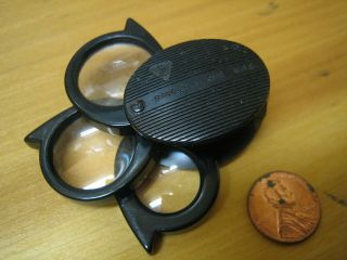Vtg Bausch & Lomb Opt.  Co.  5x To 20x Folding 3 - Lens Pocket Magnifier Loupe,  Usa