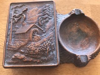 Vintage Combination Ash Tray & Cigarette Holder Carved Style Cabin W/water Wheel