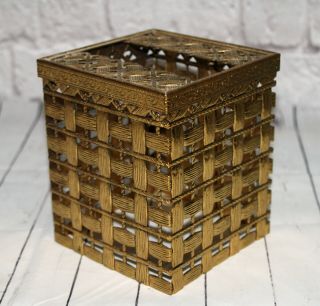 Vintage Brass Tissue Box Cover Holder Tall Box Basket Weave Ornate Design Metal