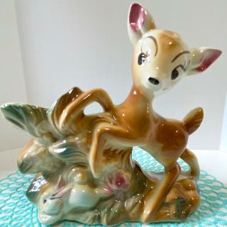 Vintage Walt Disney Bambi And Thumper Ceramic Planter Vase Figurine Shiny