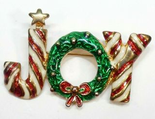 Vintage Joy Christmas Pin Brooch Gold Tone Red White Green Enamel