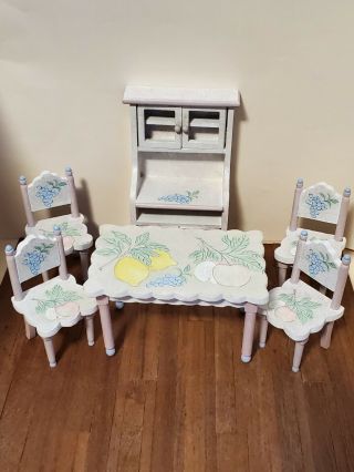 Vintage Dollhouse Furniture Colorful Wood Table,  Chairs & Hutch Set 1:12