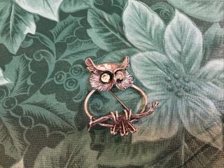 Vintage Beau Sterling Silver Owl Pin Brooch Clear Stone Eyes
