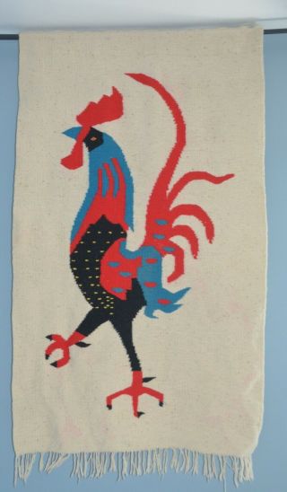 Vintage Handwoven Wool Rooster Wall Hanging Rug White Turquoise Folk Art Textile