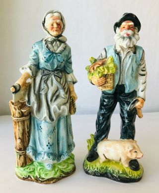 2 Figurines Old Man Farmer With Pig & Woman Hand Painted Vintage 11 " Tall
