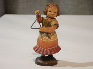 Vintage Anri 3  Tiny Sounds Wood Carved Girl Playing The Triangle Figurine