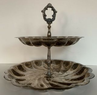 Vintage Sheridan Silver Plated 2 Tier Serving Tray Tower W/handle/scallop Edge