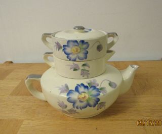 Vintage Mikori Ware Hand Painted Stacking Teapot Deco Blue/lavender Flower