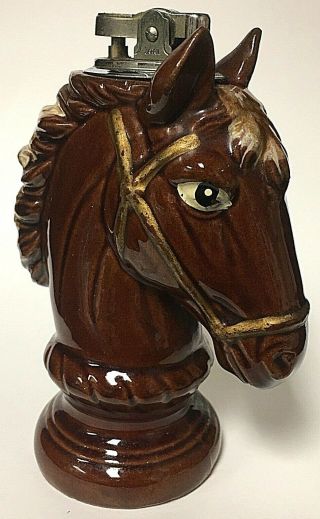 Vintage Ceramic Chess Knight Horse Head Table Lighter Japan