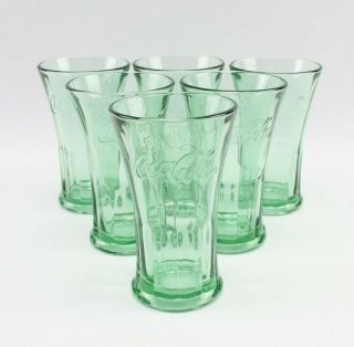 Vintage Set Of 6 Coca Cola Glass Green Libby Flared Tumbler Heavy 16oz