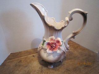 Vintage Nuova Capodimonte Pitcher Vase With Pink Rose Shabby Chic 13 " High