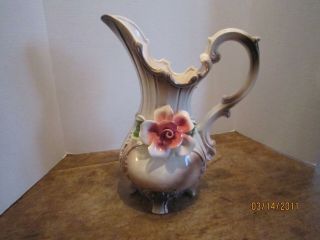 Vintage Nuova Capodimonte Pitcher Vase with Pink Rose Shabby Chic 13 