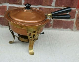 Vtg Mid - Century Copper Fondue Pot Chafing Dish Brass Stand & Burner Wood Handle