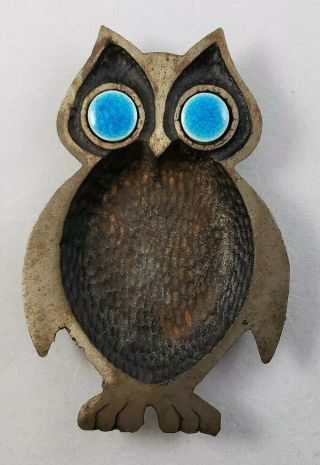 Vintage Cast Iron Metal Owl With Blue Eyes Ashtray Trinket Dish - Japan