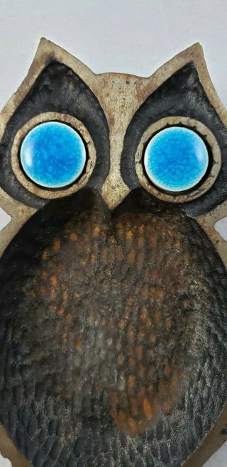 Vintage Cast Iron Metal Owl With Blue Eyes Ashtray Trinket Dish - Japan 2