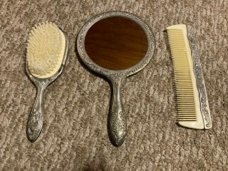 Vintage Vanity Set,  Handheld Mirror Comb & Brush,  Silver Toned
