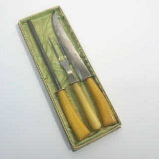 Vintage Geneva Forge Carving Set Box 3 Piece Fork Knife Sharpener Butterscotch