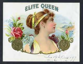 Old Elite Queen Cigar Label - Petre Litho,  Co.  N.  Y.  - Gold Coins - Rose