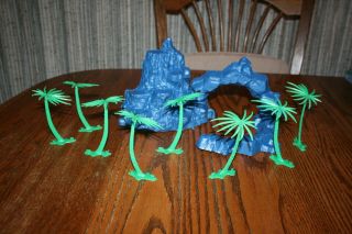 Vintage Mpc Dinosaurs 3 - Piece Metallic Blue Mountain Playset & Recast Mpc Trees