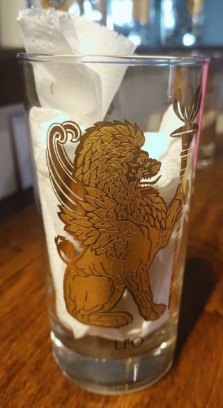 Vintage Zodiac Drinking Glass Tumbler W/ Gold Astrology Sign Leo - August Culver