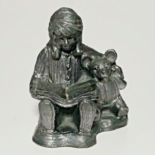1991 Vintage Michael Ricker Pewter Figurine Girl Reading Noel Book To Teddy Bear