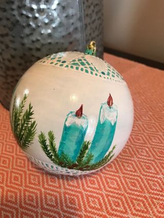 Vintage Large Hand Painted Ball Christmas Ornament Candle Greenery