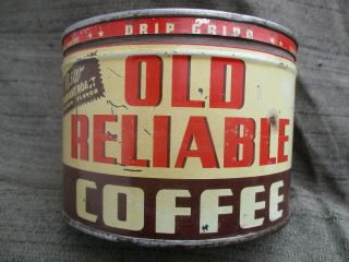 Vintage 1940s Old Reliable Coffee Tin 1 Pound Key Wind Can Dayton,  Ohio