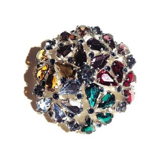 Vintage Jewelry 1960s Multi Colored Rhinestone Crystal Silver Plated Brooch Pin