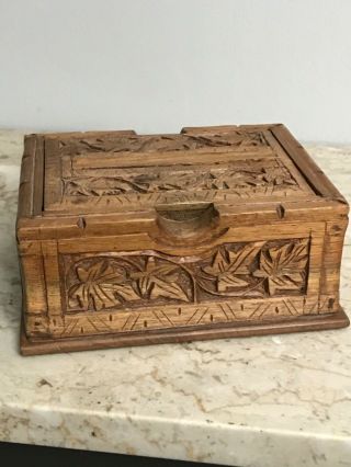 An Old Vintage Carved Wooden Cigarette Dispenser Box Leaf Design