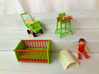 Vintage Bruder Germany Plastic Miniature Dollhouse Nursery Furniture W Baby 3