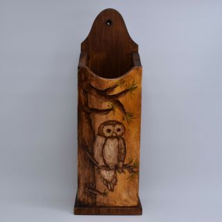 Vintage Wood Wall Hanging Bulldog Match Holder Owl Rustic Decor Cabin 13 " Tall
