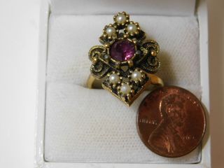Vintage Sarah Coventry Purple Rhinestone Pearl Gold tone Adjustable Ring 9k 4 3