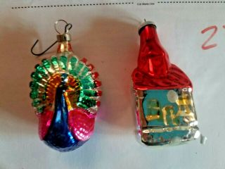 Vintage Set Of 2 Blown Glass Christmas Tree Ornaments - Peacock & Church