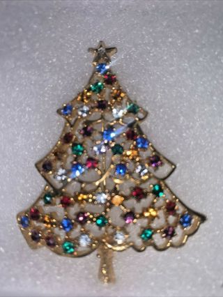Vintage Eisenberg Ice Multi Color Rhinestone Gold Tone Christmas Tree Pin Brooch