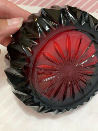 Vintage Lovely Ruby Red Glass Ashtray Heavy Thick Cut Glass 6” Diameter France