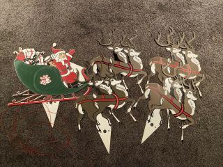 Vintage Santa Sleigh And Reindeer Christmas Plastic Yard Decor Lawn Stake