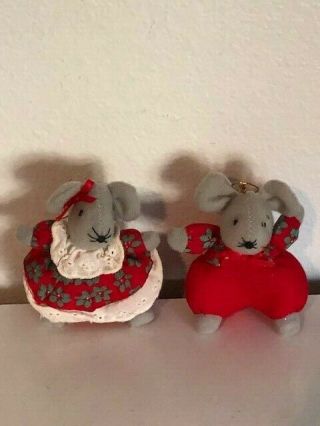 2 Vintage Christmas Felt & Fabric Mice Ornaments 3 1/2 " Tall