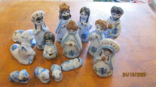 Vintage Mexican Pottery 14 Pc.  Nativity Set - Hand Painted Blue Bird Ceramic
