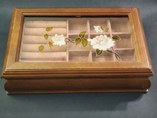 Vintage Mele Jewelry Box 7 " X11 " X3 " Wood With Glass Rose Inlay On Door