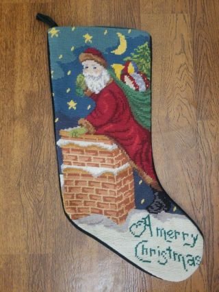 Gorgeous Vintage Wool Needlepoint Christmas Stocking Old World Santa Merry 19.  5 "