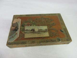 Vintage Advertising Empty Merry Xmas Wood Cigar Box Paper Lables M - 570