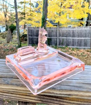 Vintage Scotty Dog Desktop Ashtray Pink Depression Glass With Match Book Holder