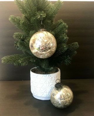 Set 2 Vintage Kugel Style Silver Mercury Glass Crackle Christmas Ornaments 4 "