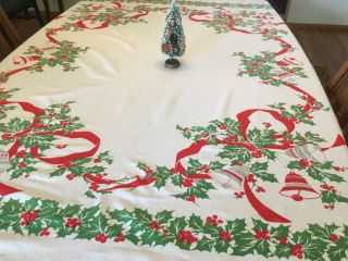 Vintage 50s Christmas Tablecloth,  Bells,  Holly 51 X 56