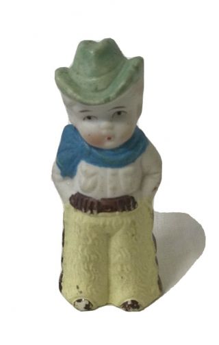 Vintage Cowboy Bisque Frozen Charlotte Penny Doll,  3”,  Japan