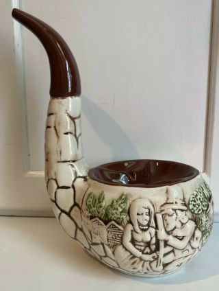 Vintage Large Ceramic Pipe - Shaped Ashtray Man/ Woman Pilgrim Relief Design Wow