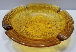 Vintage Large 9” Amber Glass Heavy Ashtray Bee Hive Swirl Pattern Retro Design