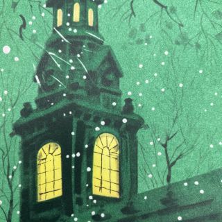 Vintage Mid Century Christmas Greeting Card Green Church Light In Windows