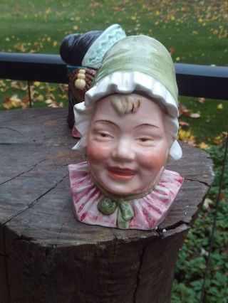 - 2 Antique Figural Head Humidor Woman With Green White Bonnet