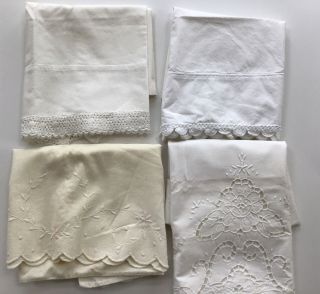 Vintage White & Cream Standard Crocheted And Embroidered Pillowcases Set Of 4